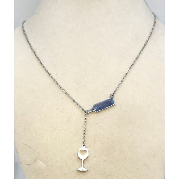 Silver Tone Wine Glass & Wine Bottle Necklace - Picture 2 of 3